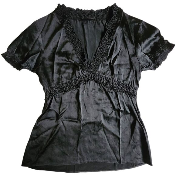 BCBGMAXAZRIA Black Silk Blend Short Sleeve V Neck Ruched Top Sz S - Picture 1 of 11
